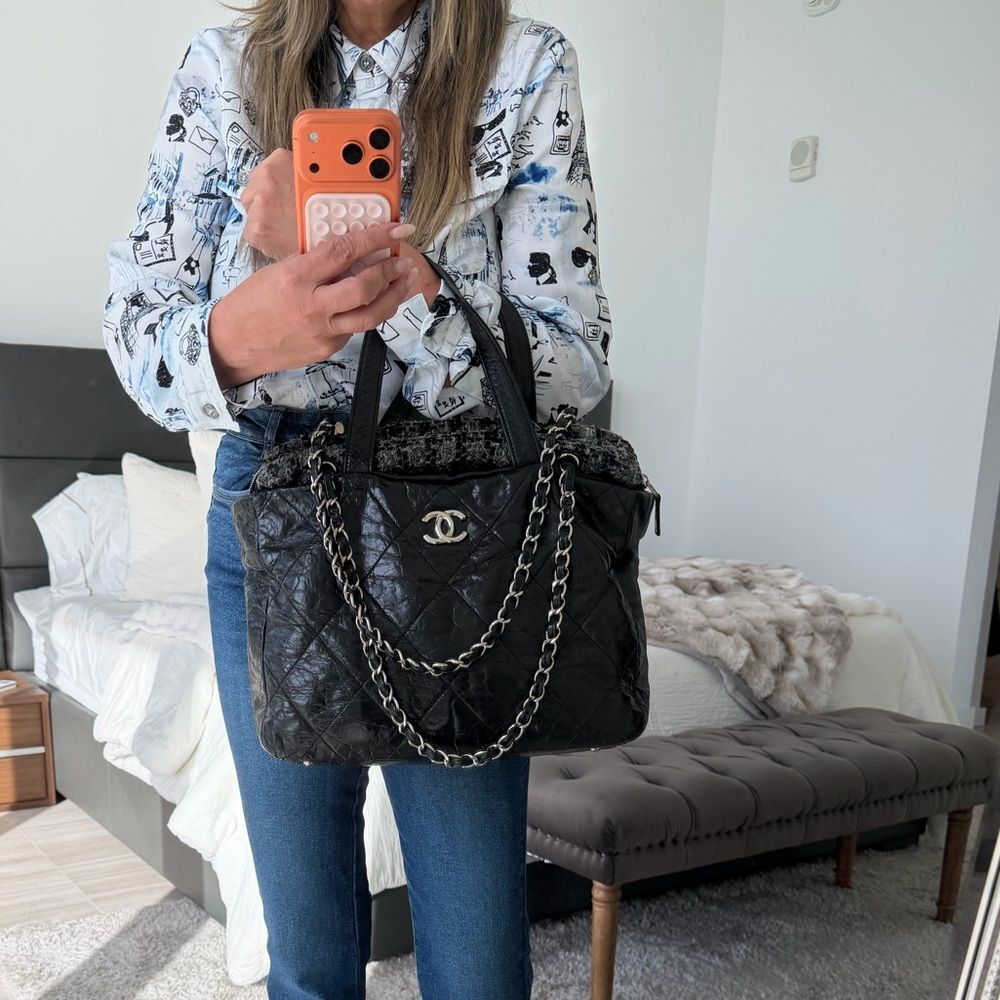 CHANEL Black Quilted Tote with Chain Detail